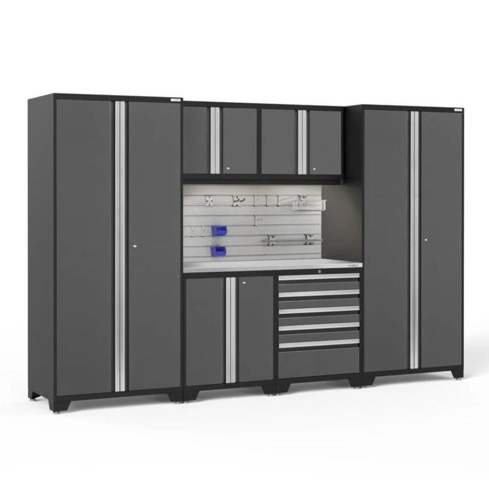 Newage Products Pro 3.0 Series 7-Piece Garage Cabinet Set-52770-Grey-Stainless Steel Worktop-LED Lights + Slatwall Backsplash + Hook Kit-Garage Giant