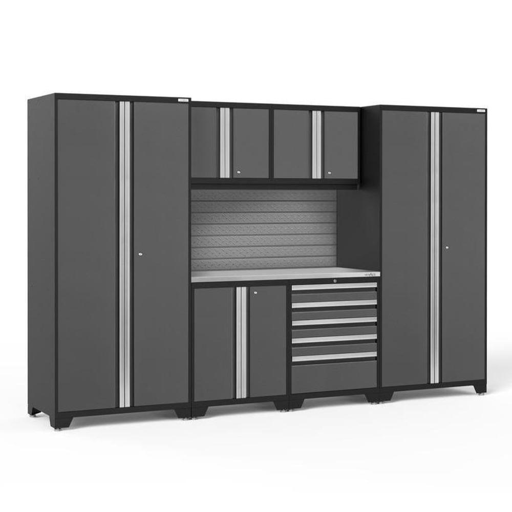 Newage Products Pro 3.0 Series 7-Piece Garage Cabinet Set-58343-Grey-Stainless Steel Worktop-Slatwall Backsplash-Garage Giant