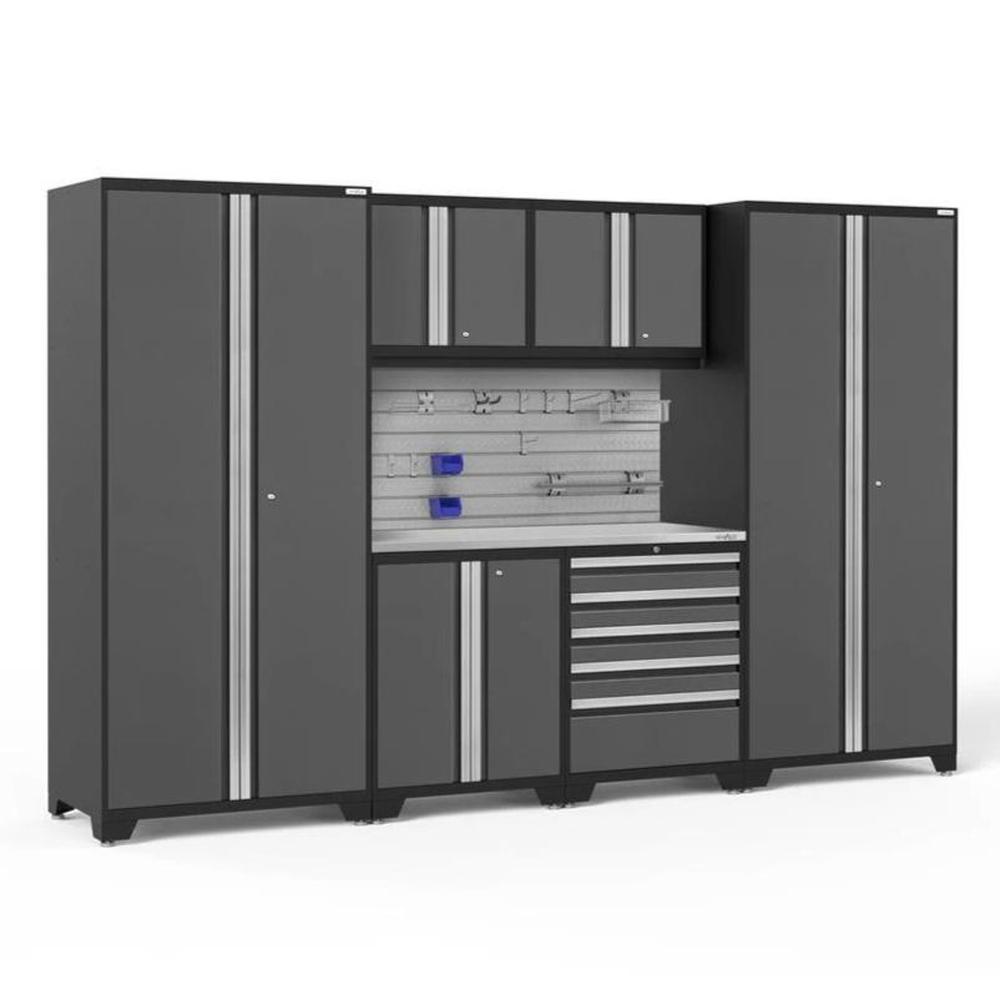 Newage Products Pro 3.0 Series 7-Piece Garage Cabinet Set-52769-Grey-Stainless Steel Worktop-Slatwall Backsplash + 12-Piece Hook Kit-Garage Giant