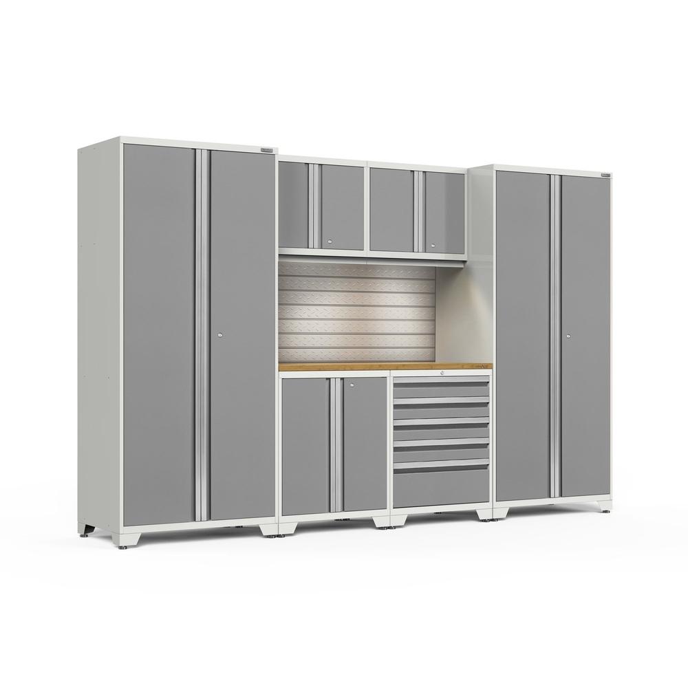 Newage Products Pro 3.0 Series 7-Piece Garage Cabinet Set-58792-Platinum-Bamboo Worktop-LED Lights + Slatwall Backsplash-Garage Giant