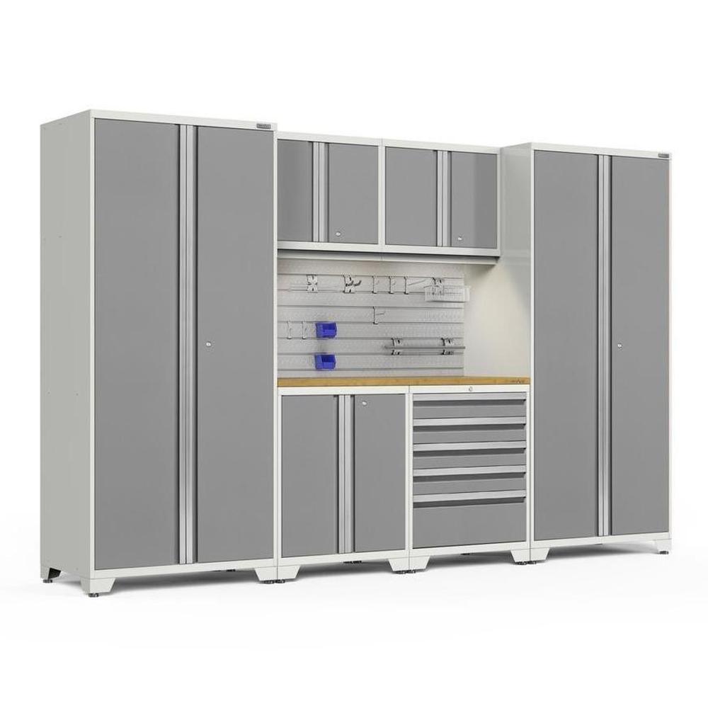 Newage Products Pro 3.0 Series 7-Piece Garage Cabinet Set-51970-Platinum-Bamboo Worktop-LED Lights + Slatwall Backsplash + Hook Kit-Garage Giant