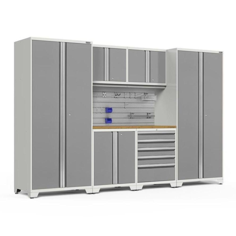 Newage Products Pro 3.0 Series 7-Piece Garage Cabinet Set-51969-Platinum-Bamboo Worktop-Slatwall Backsplash + 12-Piece Hook Kit-Garage Giant