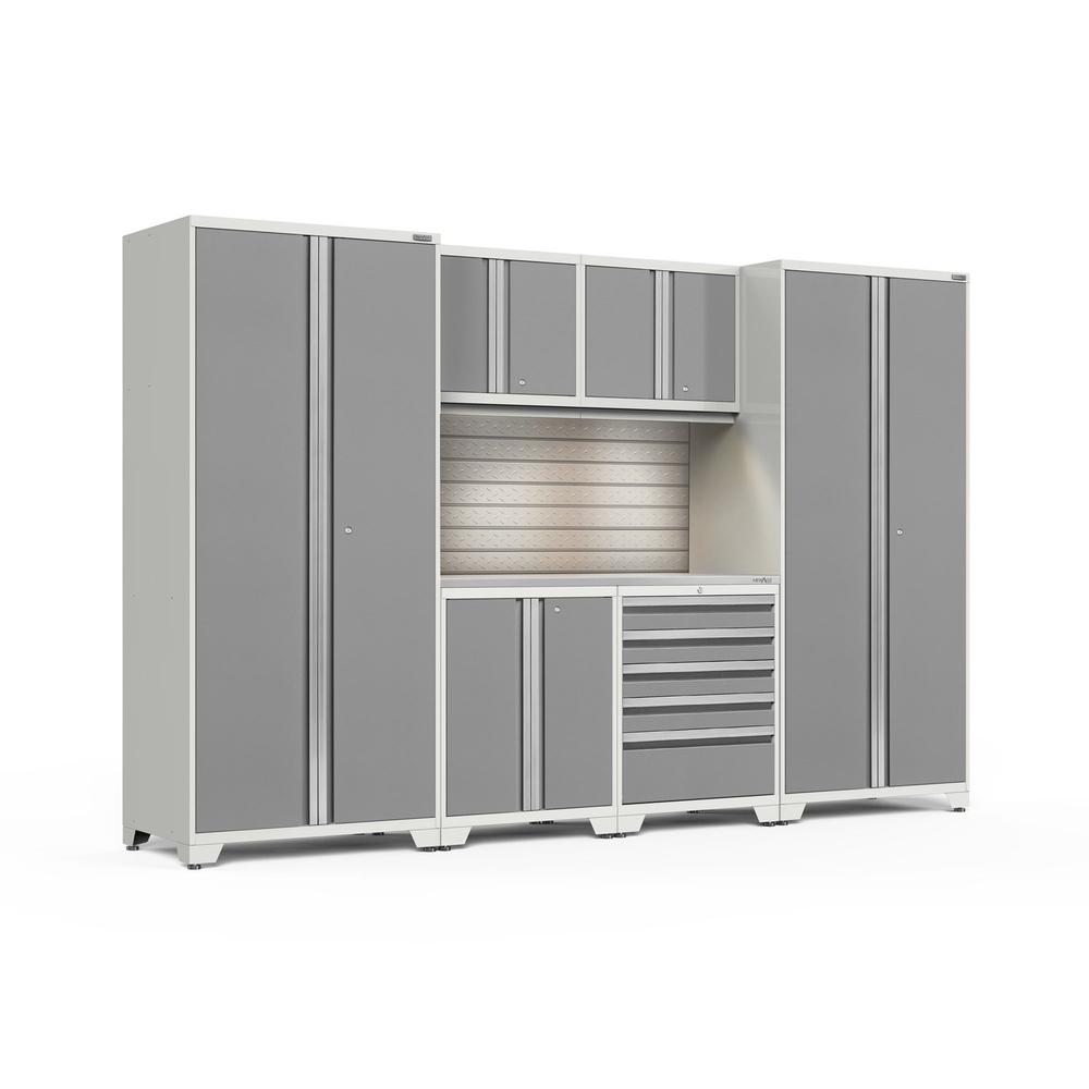 Newage Products Pro 3.0 Series 7-Piece Garage Cabinet Set-58794-Platinum-Stainless Steel Worktop-LED Lights + Slatwall Backsplash-Garage Giant