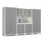 Newage Products Pro 3.0 Series 7-Piece Garage Cabinet Set-52985-Platinum-Stainless Steel Worktop-LED Lights + Slatwall Backsplash + Hook Kit-Garage Giant 