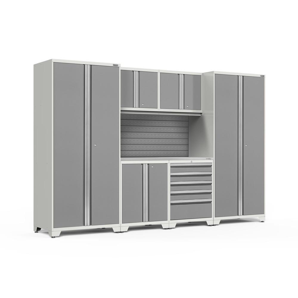 Newage Products Pro 3.0 Series 7-Piece Garage Cabinet Set-58793-Platinum-Stainless Steel Worktop-Slatwall Backsplash-Garage Giant