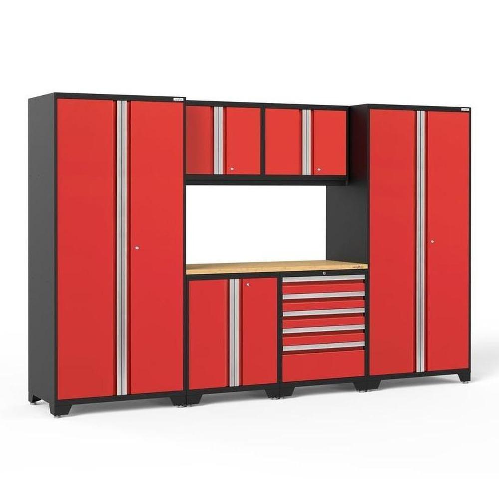 Newage Products Pro 3.0 Series 7-Piece Garage Cabinet Set-52252-Red-Bamboo Worktop-None-Garage Giant
