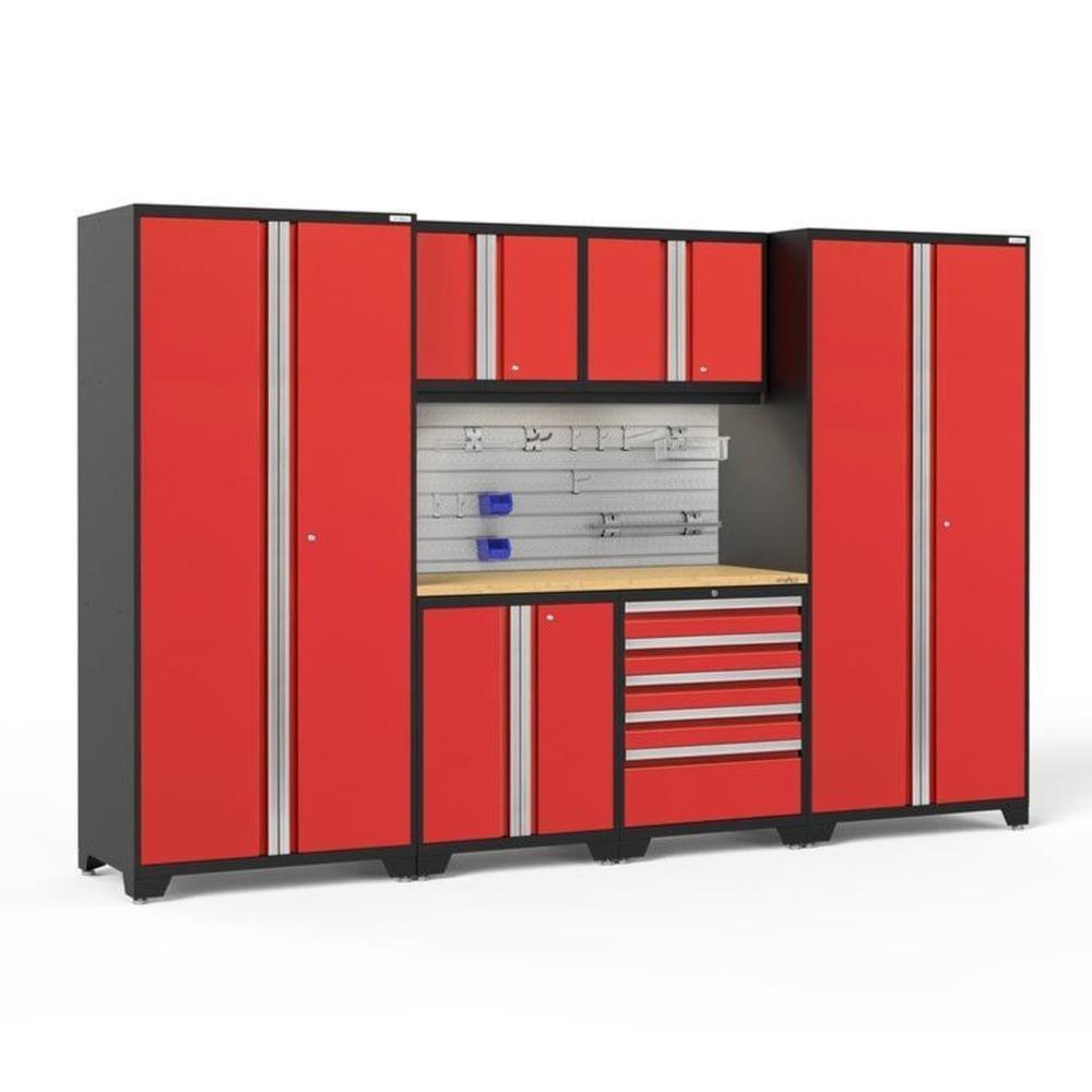 Newage Products Pro 3.0 Series 7-Piece Garage Cabinet Set-51944-Red-Bamboo Worktop-LED Lights + Slatwall Backsplash + Hook Kit-Garage Giant