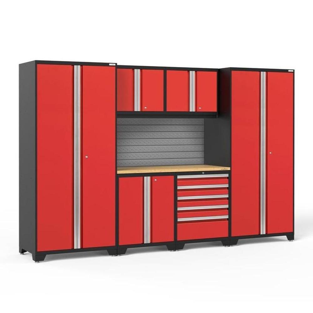 Newage Products Pro 3.0 Series 7-Piece Garage Cabinet Set-58627-Red-Bamboo Worktop-Slatwall Backsplash-Garage Giant