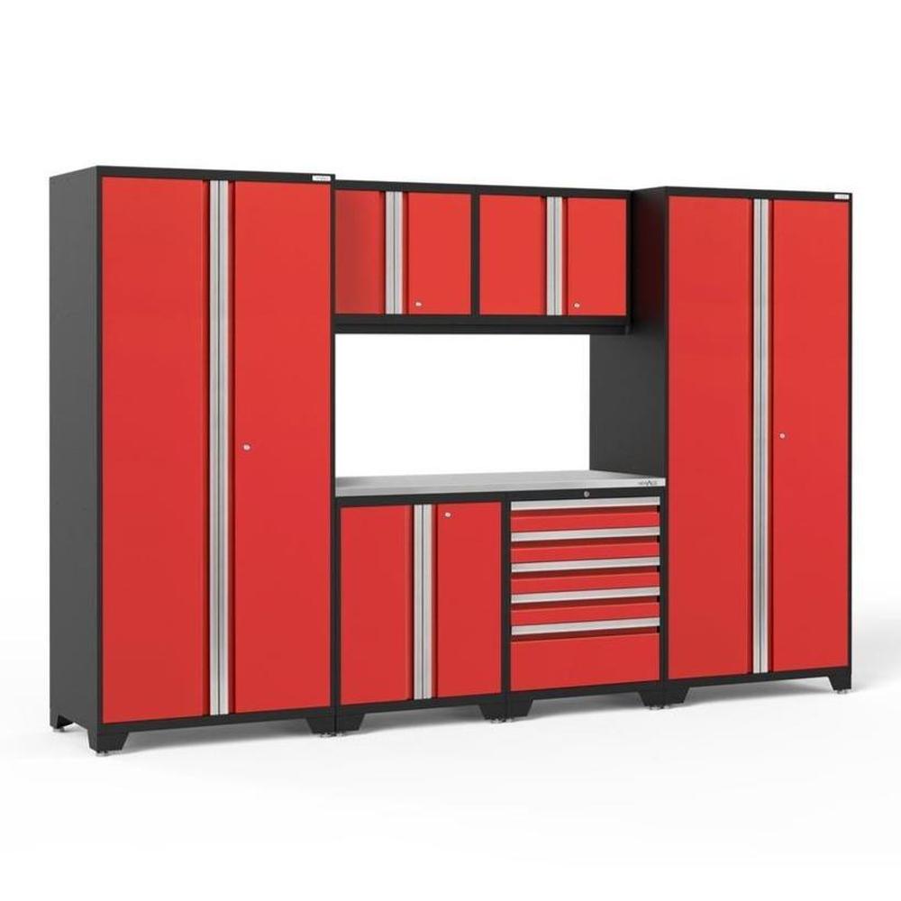 Newage Products Pro 3.0 Series 7-Piece Garage Cabinet Set-52253-Red-Stainless Steel Worktop-None-Garage Giant