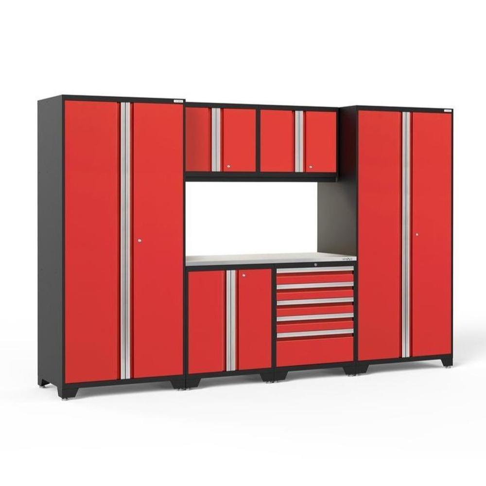 Newage Products Pro 3.0 Series 7-Piece Garage Cabinet Set-52393-Red-Stainless Steel Worktop-LED Lights-Garage Giant
