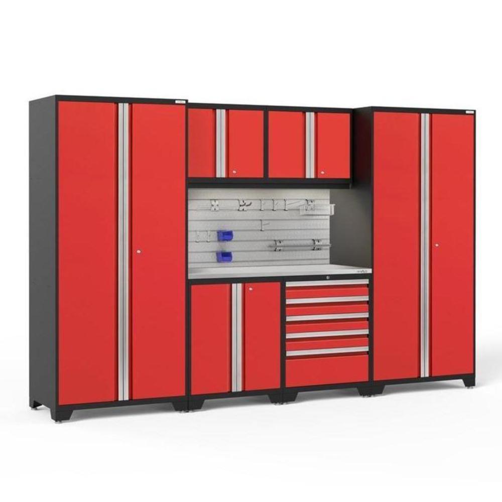 Newage Products Pro 3.0 Series 7-Piece Garage Cabinet Set-52796-Red-Stainless Steel Worktop-LED Lights + Slatwall Backsplash + Hook Kit-Garage Giant