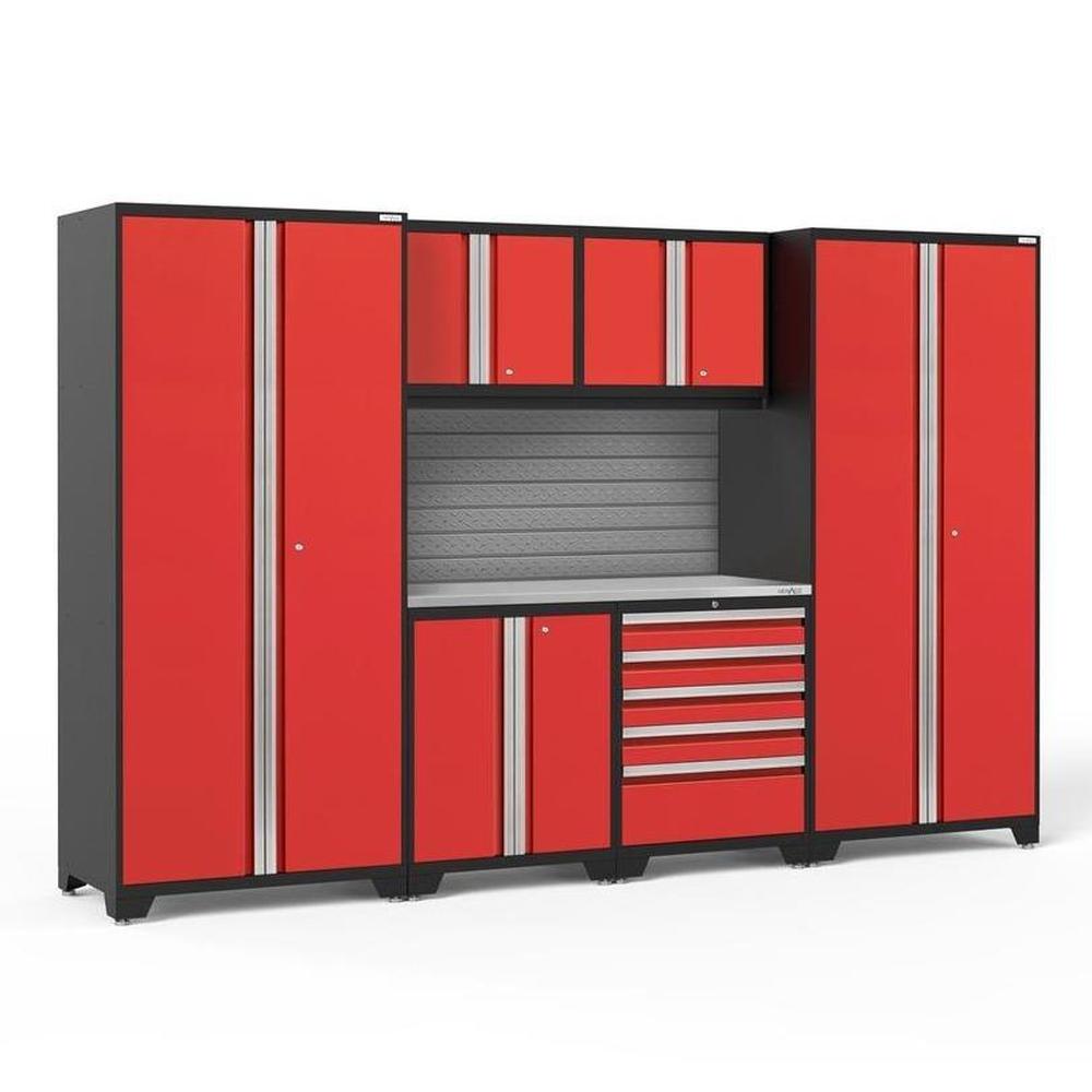 Newage Products Pro 3.0 Series 7-Piece Garage Cabinet Set-58629-Red-Stainless Steel Worktop-Slatwall Backsplash-Garage Giant