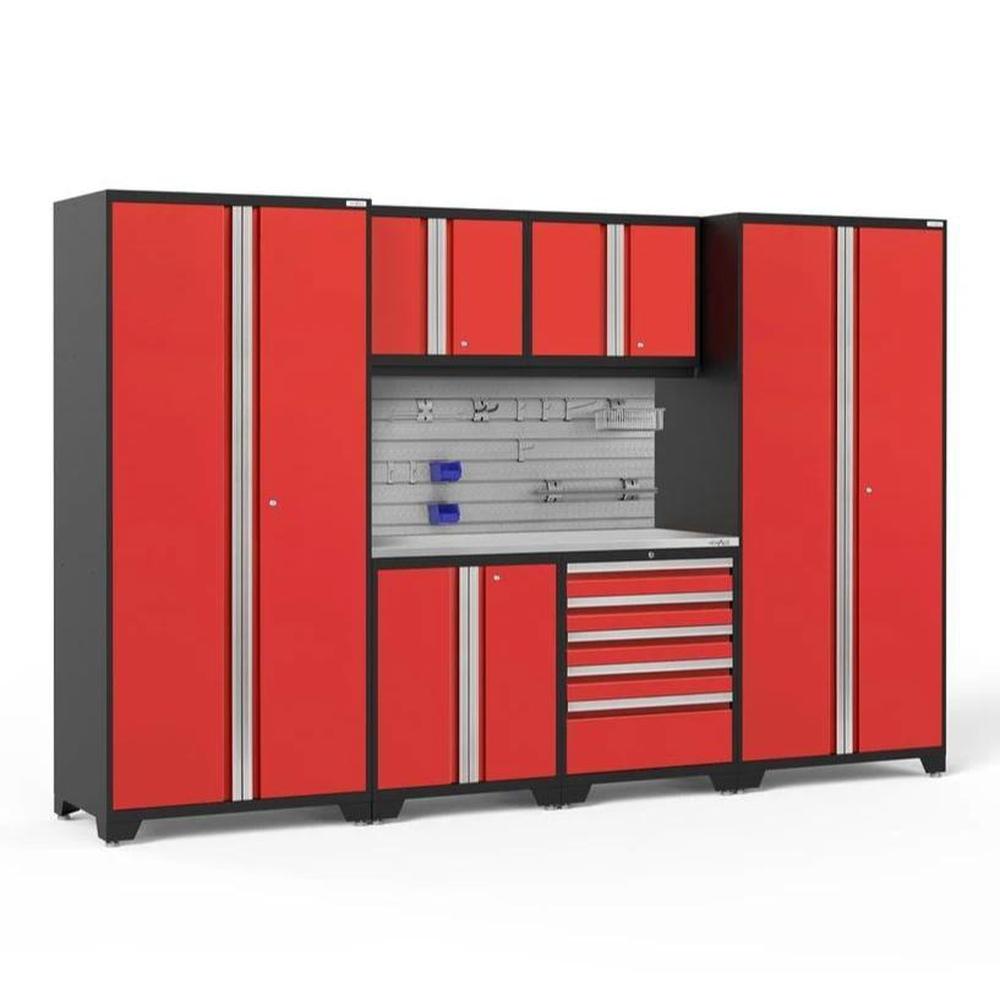 Newage Products Pro 3.0 Series 7-Piece Garage Cabinet Set-52795-Red-Stainless Steel Worktop-Slatwall Backsplash + 12-Piece Hook Kit-Garage Giant