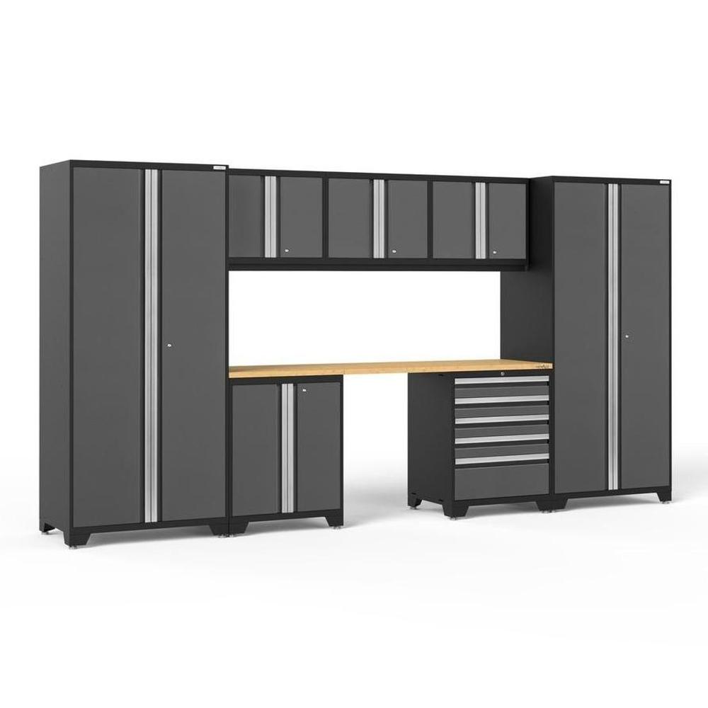 Newage Products Pro 3.0 Series 8-Piece Garage Cabinet Set-52061-Grey-Bamboo Worktop-None-Garage Giant