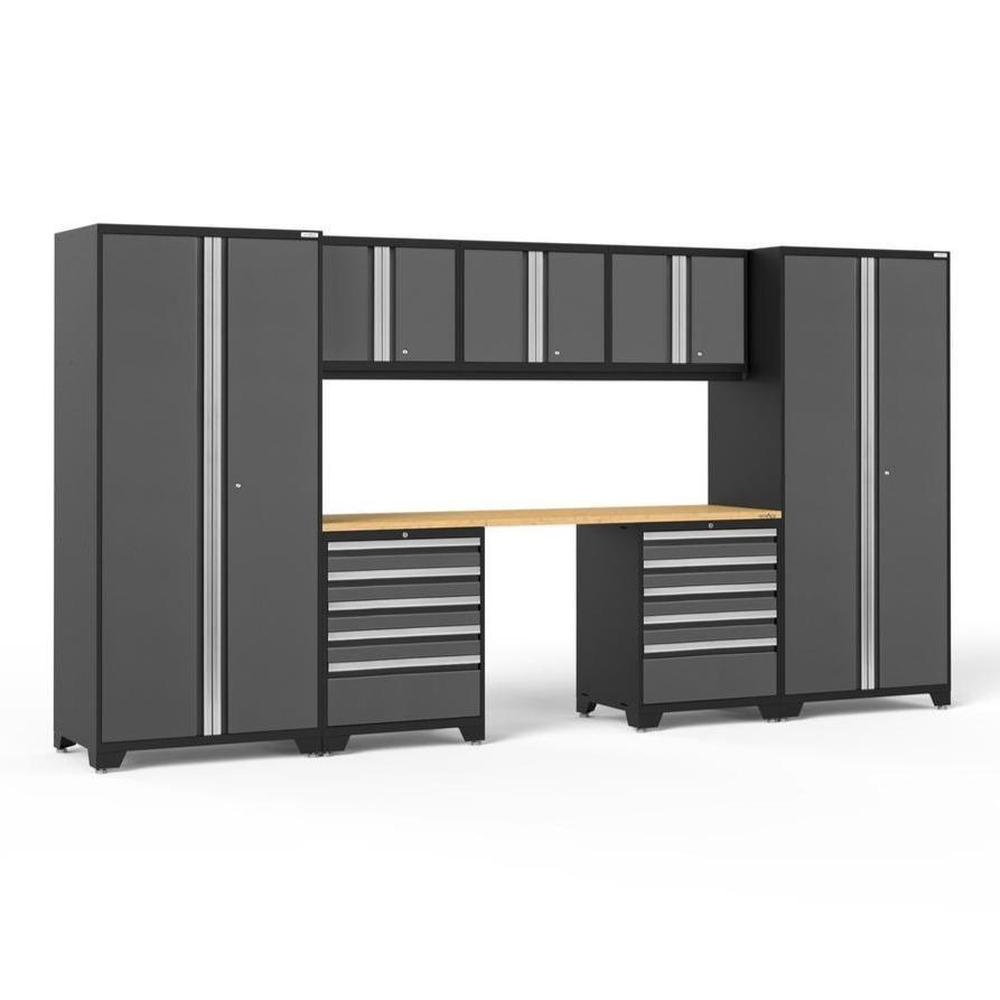 Newage Products Pro 3.0 Series 8-Piece Garage Cabinet Set With 2X 5-Drawer Tool Cabinets-52090-Grey-Bamboo Worktop-None-Garage Giant