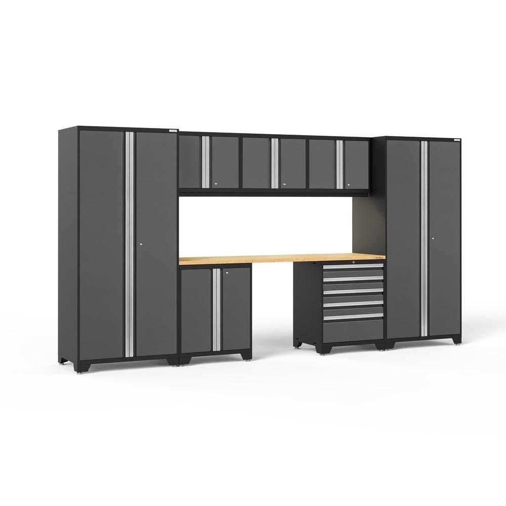 Newage Products Pro 3.0 Series 8-Piece Garage Cabinet Set-51918-Grey-Bamboo Worktop-LED Lights-Garage Giant