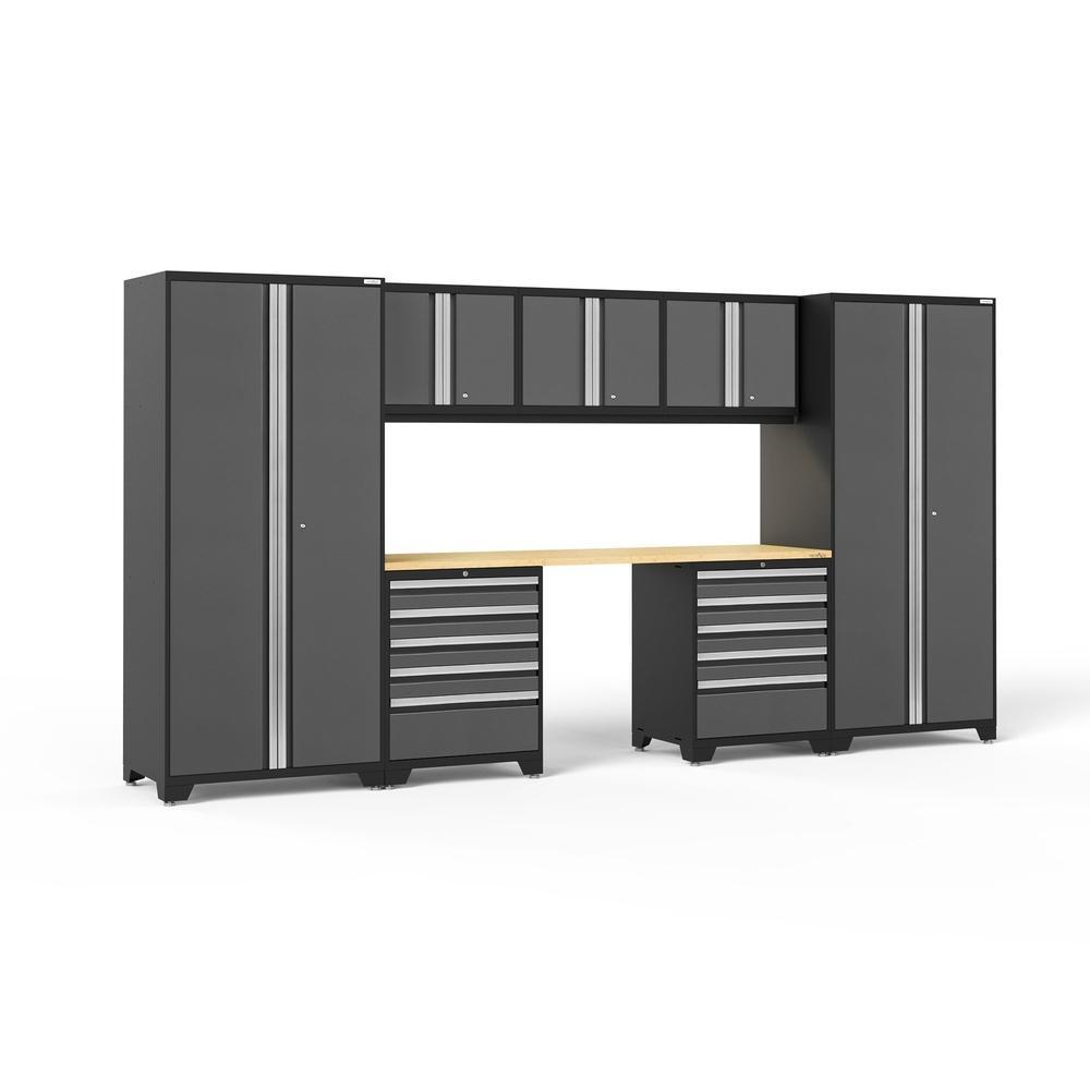 Newage Products Pro 3.0 Series 8-Piece Garage Cabinet Set With 2X 5-Drawer Tool Cabinets-51920-Grey-Bamboo Worktop-LED Lights-Garage Giant