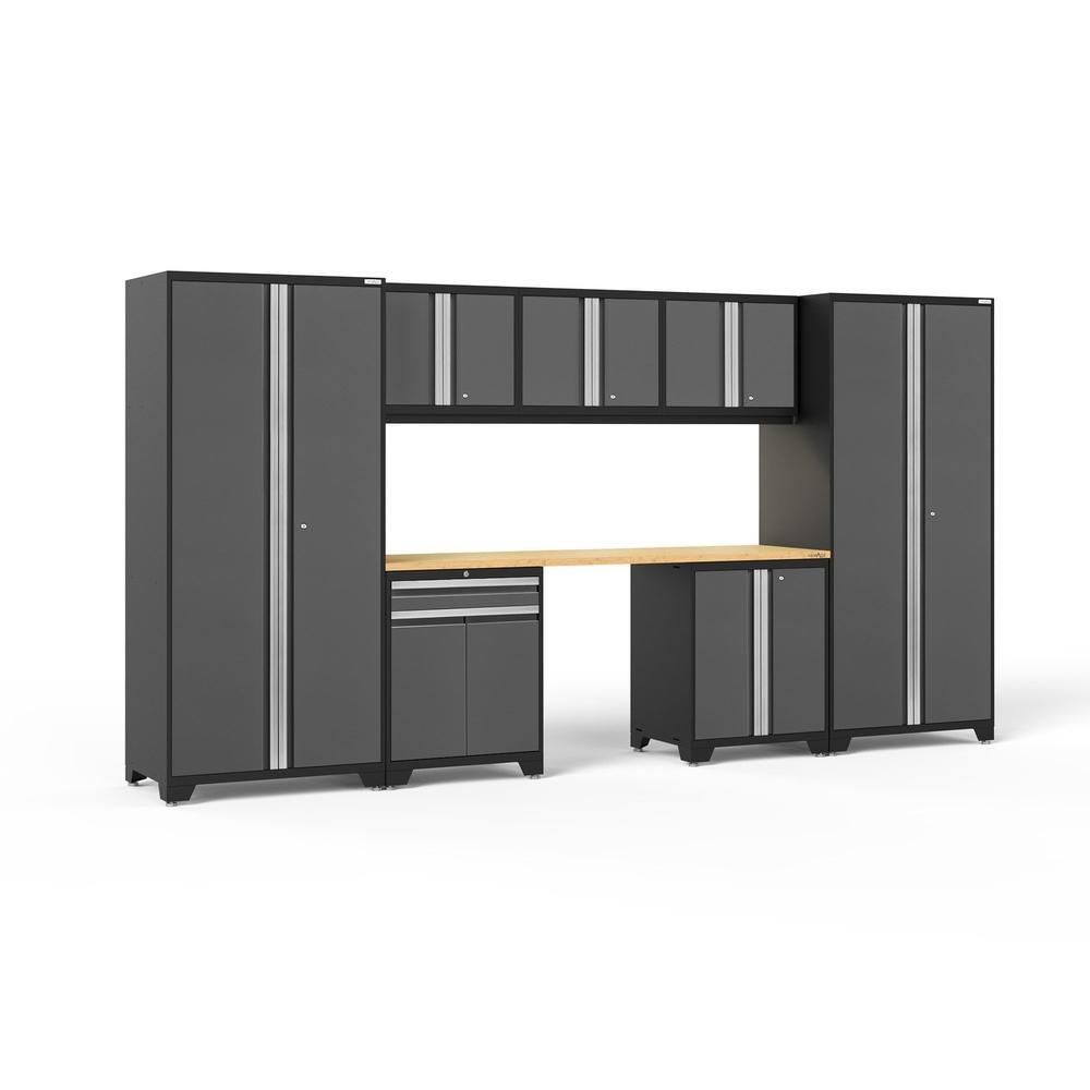 Newage Products Pro 3.0 Series 8-Piece Garage Cabinet Set With Multi-Function Cabinet-51994-Grey-Bamboo Worktop-LED Lights-Garage Giant