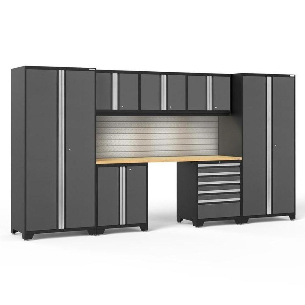 Newage Products Pro 3.0 Series 8-Piece Garage Cabinet Set-58360-Grey-Bamboo Worktop-LED Lights + Slatwall Backsplash-Garage Giant
