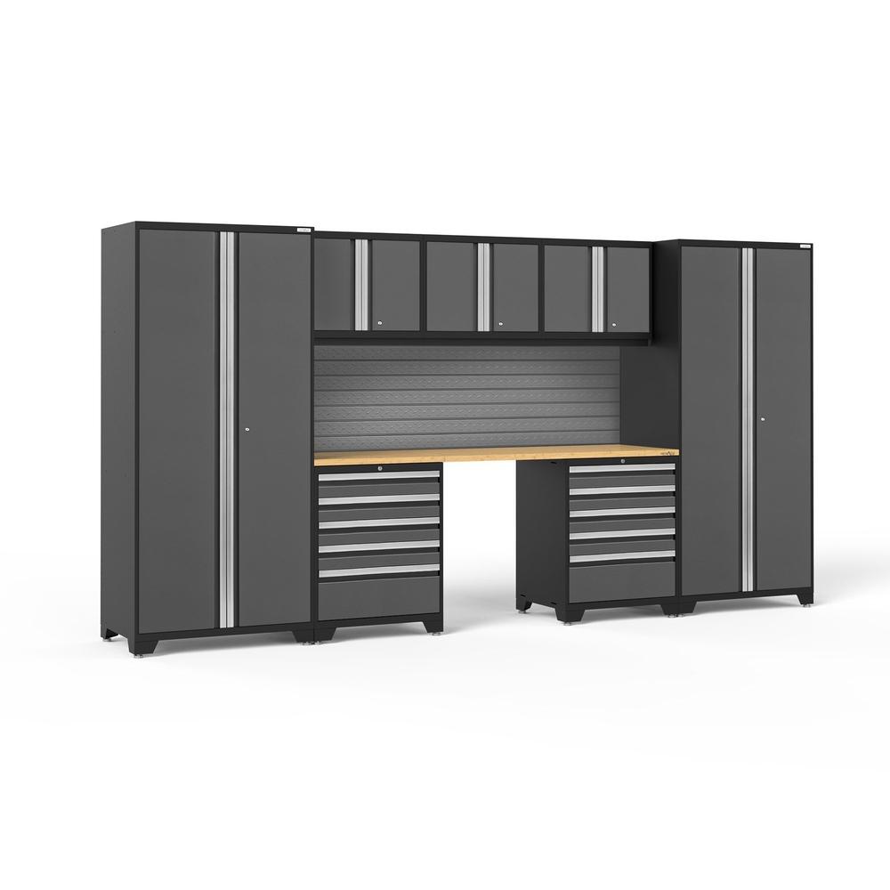 Newage Products Pro 3.0 Series 8-Piece Garage Cabinet Set With 2X 5-Drawer Tool Cabinets-58395-Grey-Bamboo Worktop-Slatwall Backsplash-Garage Giant