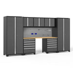 Newage Products Pro 3.0 Series 8-Piece Garage Cabinet Set With 2X 5-Drawer Tool Cabinets-54081-Grey-Bamboo Worktop-Slatwall Backsplash + 12-Piece Hook Kit-Garage Giant 