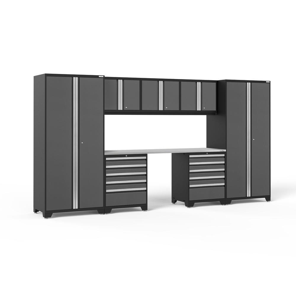 Newage Products Pro 3.0 Series 8-Piece Garage Cabinet Set With 2X 5-Drawer Tool Cabinets-52091-Grey-Stainless Steel Worktop-None-Garage Giant