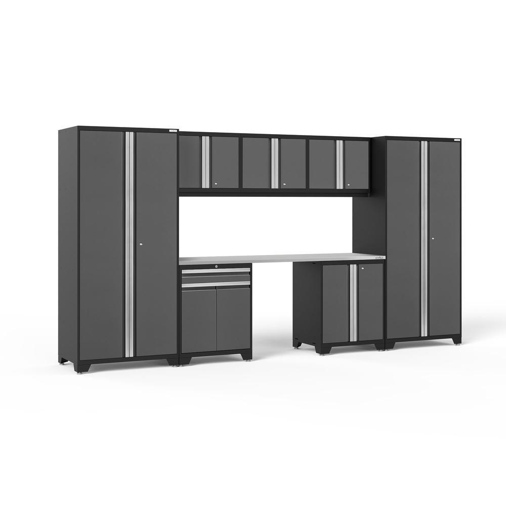 Newage Products Pro 3.0 Series 8-Piece Garage Cabinet Set With Multi-Function Cabinet-52097-Grey-Stainless Steel Worktop-None-Garage Giant