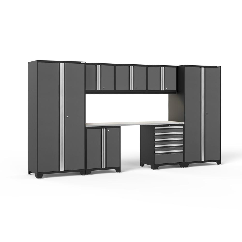 Newage Products Pro 3.0 Series 8-Piece Garage Cabinet Set-51919-Grey-Stainless Steel Worktop-LED Lights-Garage Giant