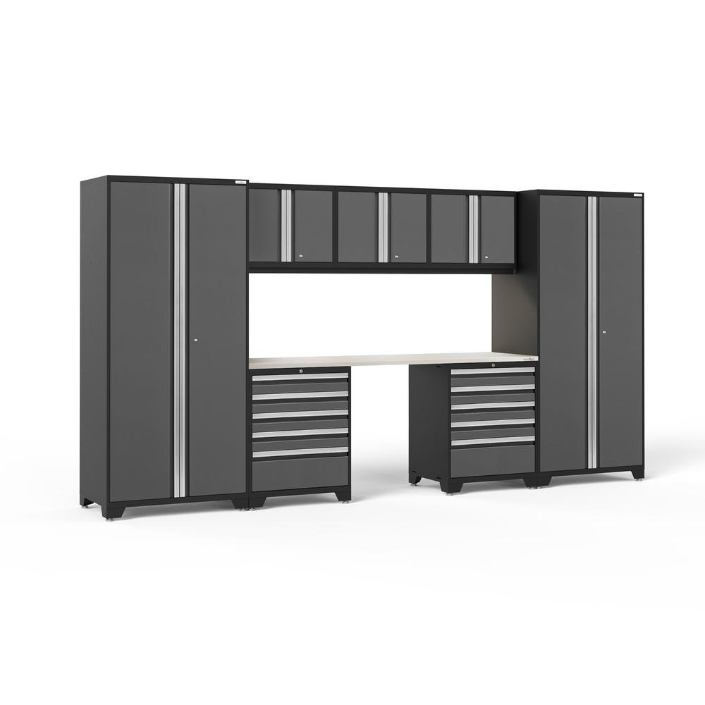 Newage Products Pro 3.0 Series 8-Piece Garage Cabinet Set With 2X 5-Drawer Tool Cabinets-51921-Grey-Stainless Steel Worktop-LED Lights-Garage Giant