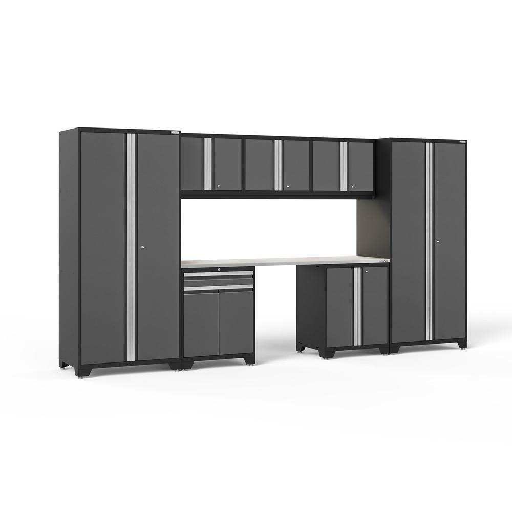 Newage Products Pro 3.0 Series 8-Piece Garage Cabinet Set With Multi-Function Cabinet-51995-Grey-Stainless Steel Worktop-LED Lights-Garage Giant