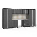 Newage Products Pro 3.0 Series 8-Piece Garage Cabinet Set-58362-Grey-Stainless Steel Worktop-LED Lights + Slatwall Backsplash-Garage Giant 