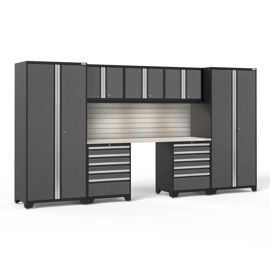 Newage Products Pro 3.0 Series 8-Piece Garage Cabinet Set With 2X 5-Drawer Tool Cabinets-58398-Grey-Stainless Steel Worktop-LED Lights + Slatwall Backsplash-Garage Giant