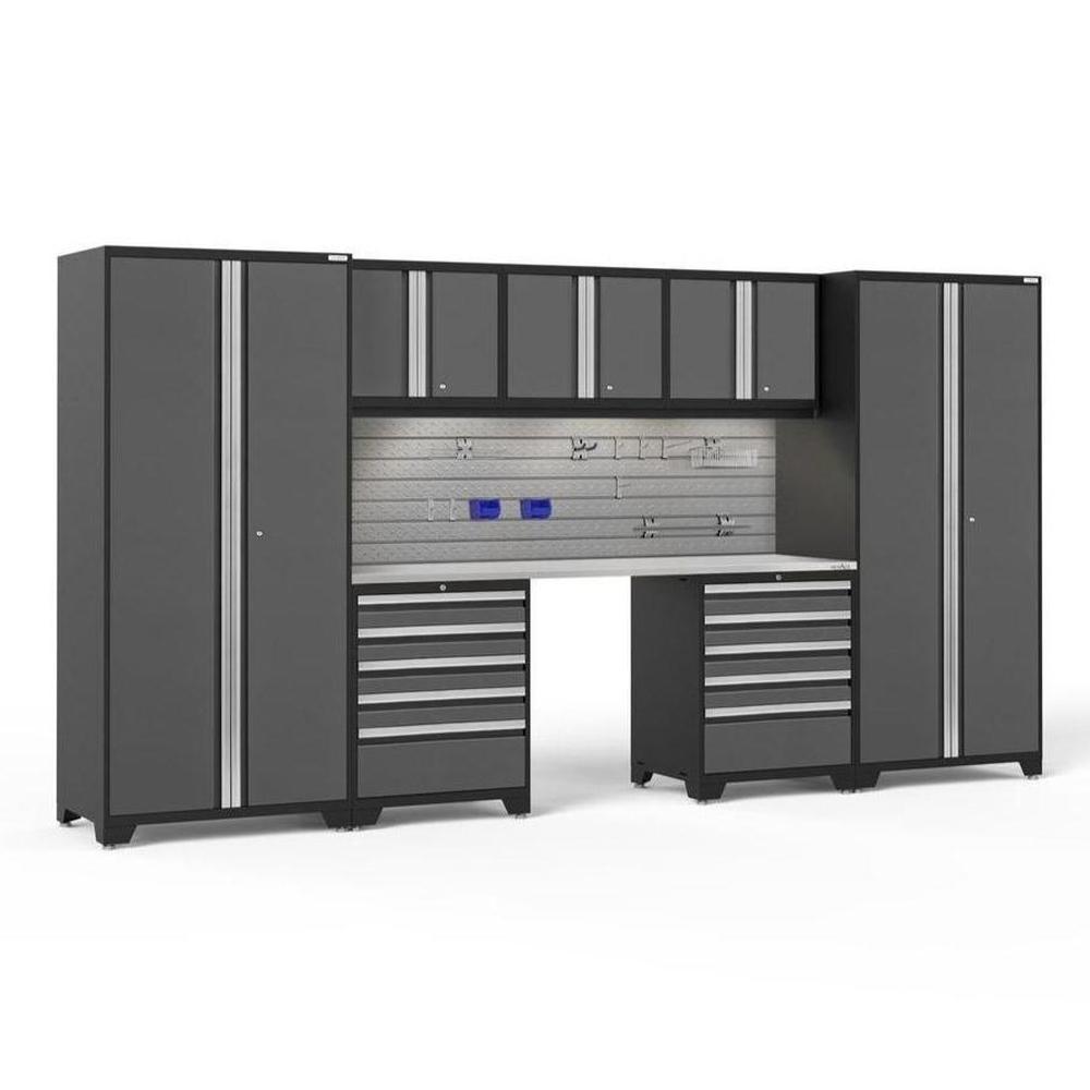 Newage Products Pro 3.0 Series 8-Piece Garage Cabinet Set With 2X 5-Drawer Tool Cabinets-54160-Grey-Stainless Steel Worktop-LED Lights + Slatwall Backsplash + 12-Piece Hook Kit-Garage Giant