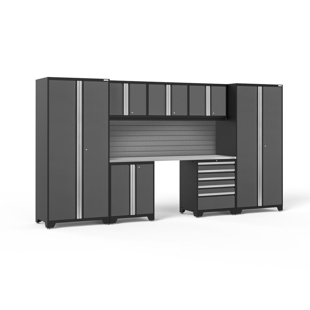 Newage Products Pro 3.0 Series 8-Piece Garage Cabinet Set-58361-Grey-Stainless Steel Worktop-Slatwall Backsplash-Garage Giant