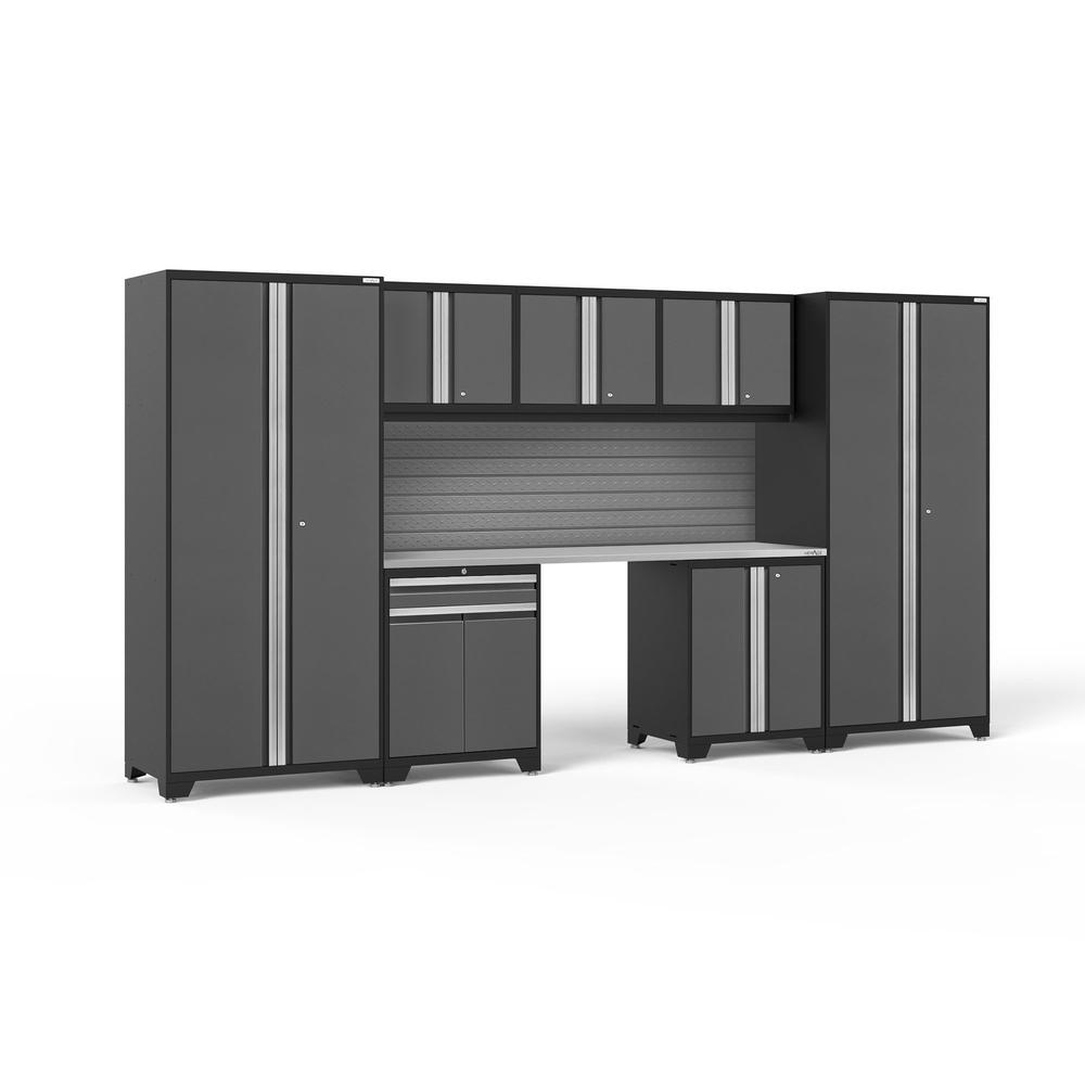 Newage Products Pro 3.0 Series 8-Piece Garage Cabinet Set With Multi-Function Cabinet-58385-Grey-Stainless Steel Worktop-Slatwall Backsplash-Garage Giant