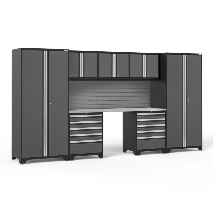 Newage Products Pro 3.0 Series 8-Piece Garage Cabinet Set With 2X 5-Drawer Tool Cabinets-58397-Grey-Stainless Steel Worktop-Slatwall Backsplash-Garage Giant