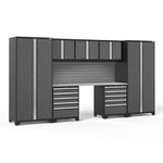 Newage Products Pro 3.0 Series 8-Piece Garage Cabinet Set With 2X 5-Drawer Tool Cabinets-58397-Grey-Stainless Steel Worktop-Slatwall Backsplash-Garage Giant 
