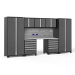 Newage Products Pro 3.0 Series 8-Piece Garage Cabinet Set With 2X 5-Drawer Tool Cabinets-54159-Grey-Stainless Steel Worktop-Slatwall Backsplash + 12-Piece Hook Kit-Garage Giant 