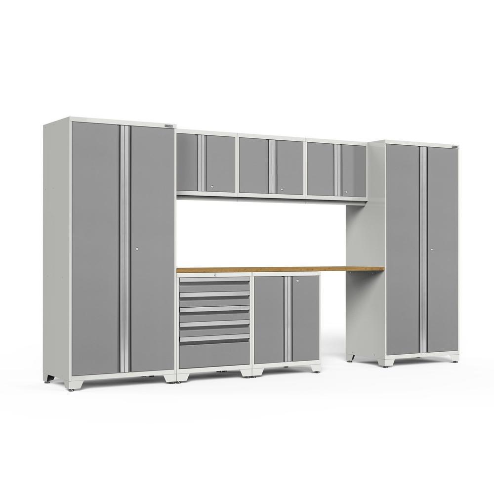 Newage Products Pro 3.0 Series 8-Piece Garage Cabinet Set-52461-Platinum-Bamboo Worktop-None-Garage Giant