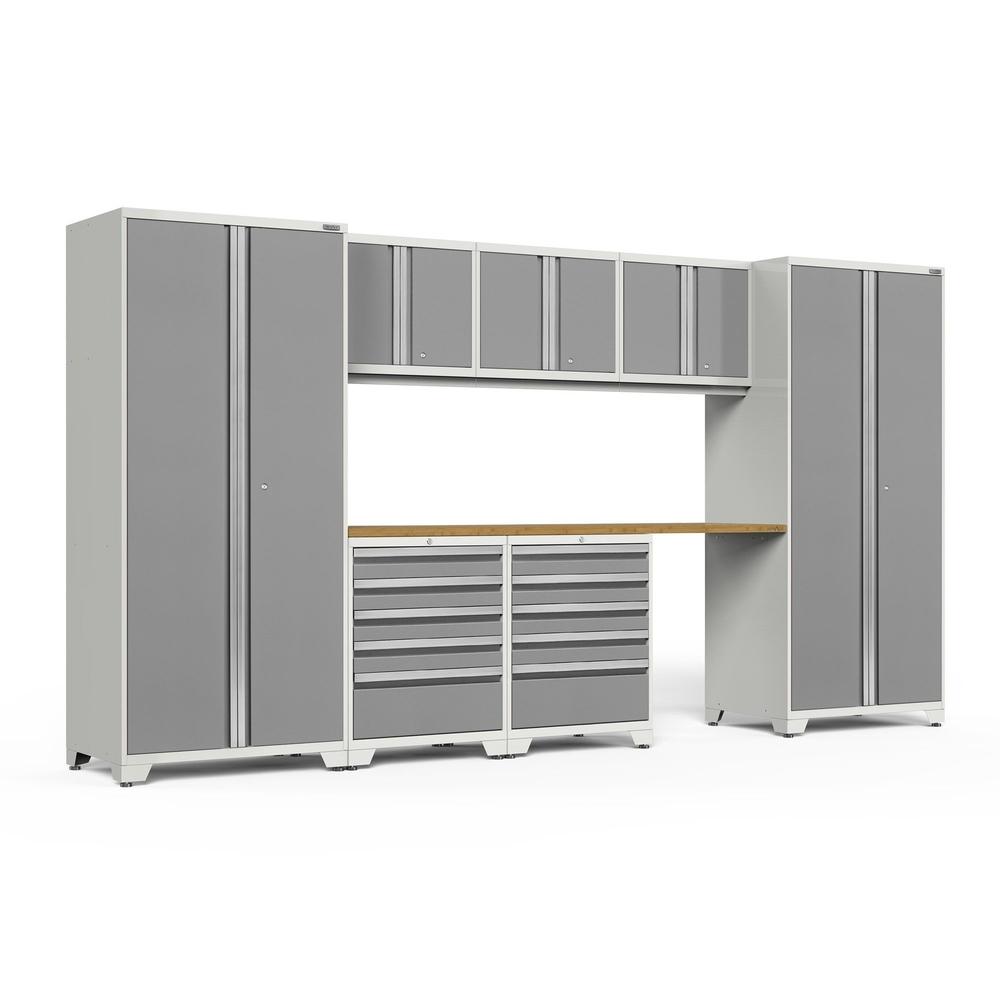 Newage Products Pro 3.0 Series 8-Piece Garage Cabinet Set With 2X 5-Drawer Tool Cabinets-52490-Platinum-Bamboo Worktop-None-Garage Giant