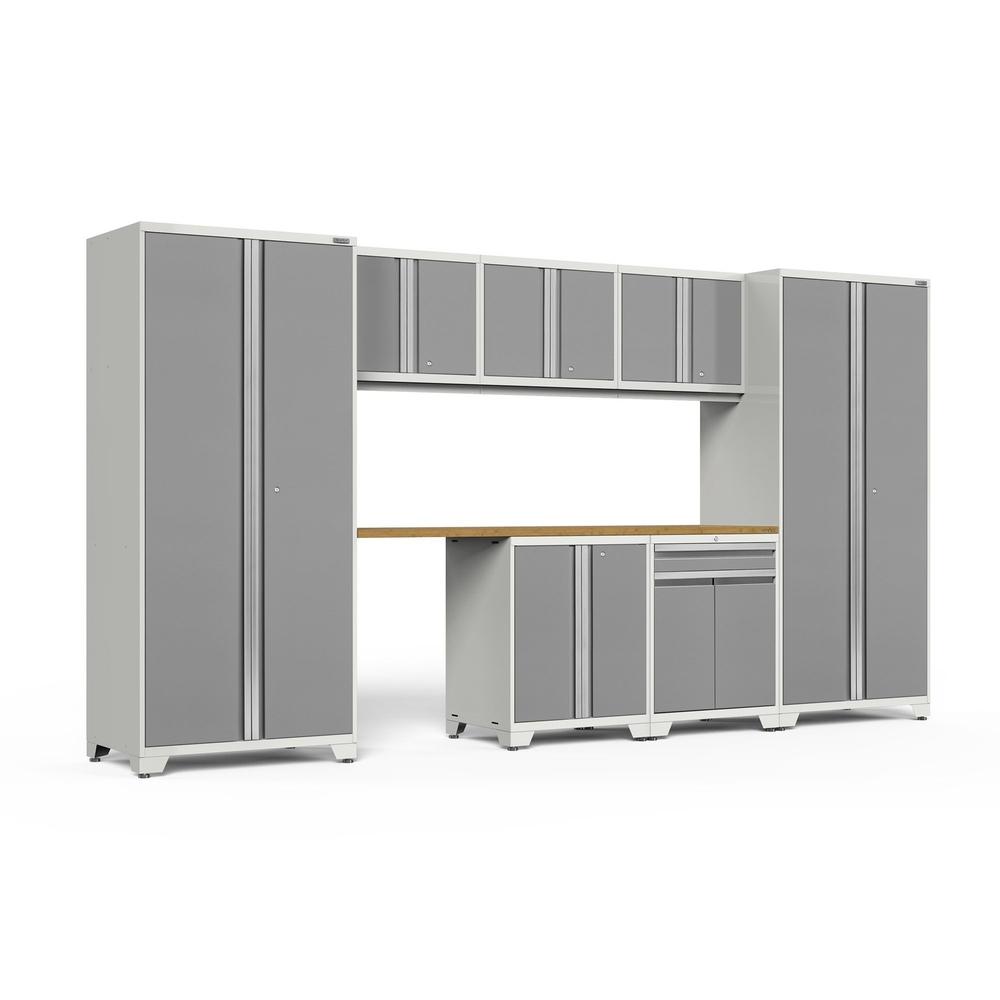 Newage Products Pro 3.0 Series 8-Piece Garage Cabinet Set With Multi-Function Cabinet-52496-Platinum-Bamboo Worktop-None-Garage Giant