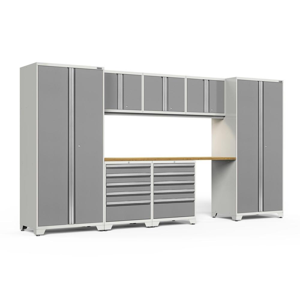 Newage Products Pro 3.0 Series 8-Piece Garage Cabinet Set With 2X 5-Drawer Tool Cabinets-51312-Platinum-Bamboo Worktop-LED Lights-Garage Giant