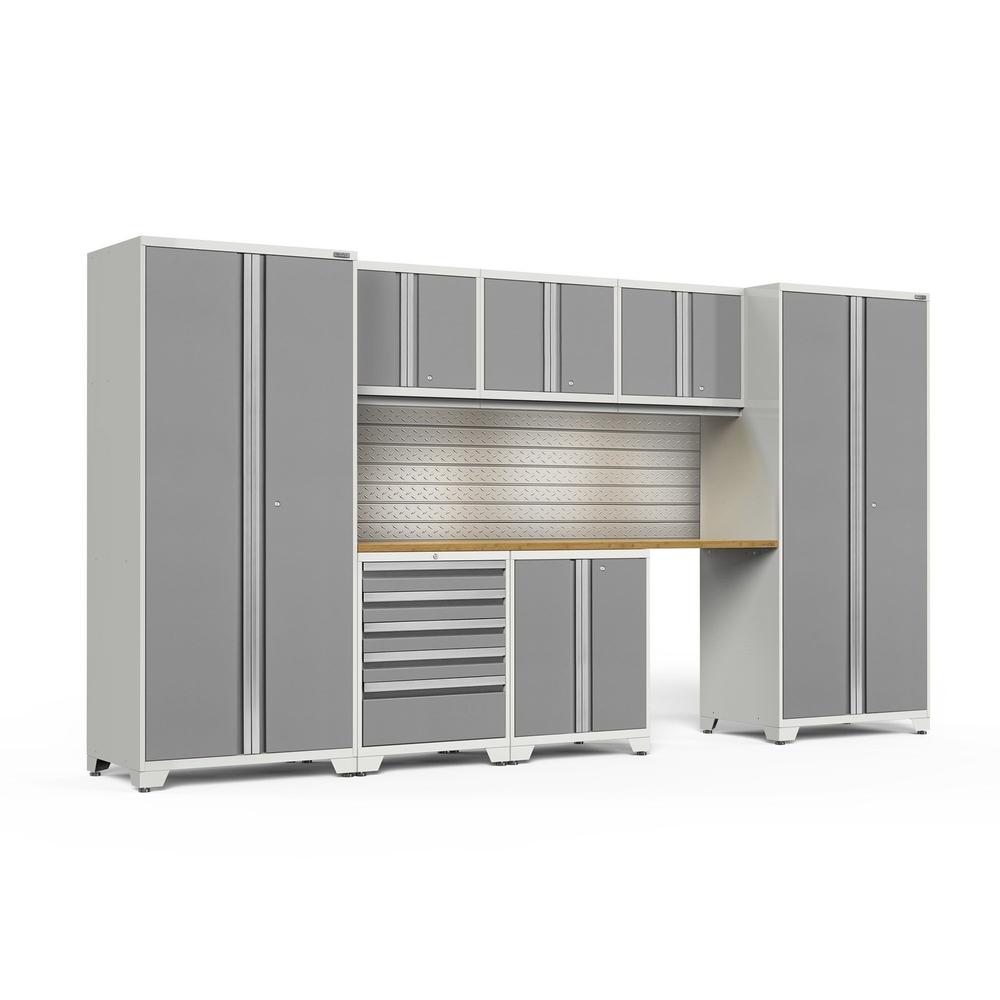 Newage Products Pro 3.0 Series 8-Piece Garage Cabinet Set-58804-Platinum-Bamboo Worktop-LED Lights + Slatwall Backsplash-Garage Giant