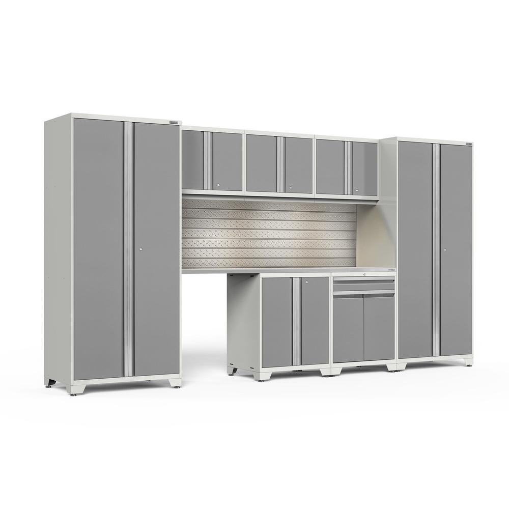 Newage Products Pro 3.0 Series 8-Piece Garage Cabinet Set With Multi-Function Cabinet-58828-Platinum-Bamboo Worktop-LED Lights + Slatwall Backsplash-Garage Giant