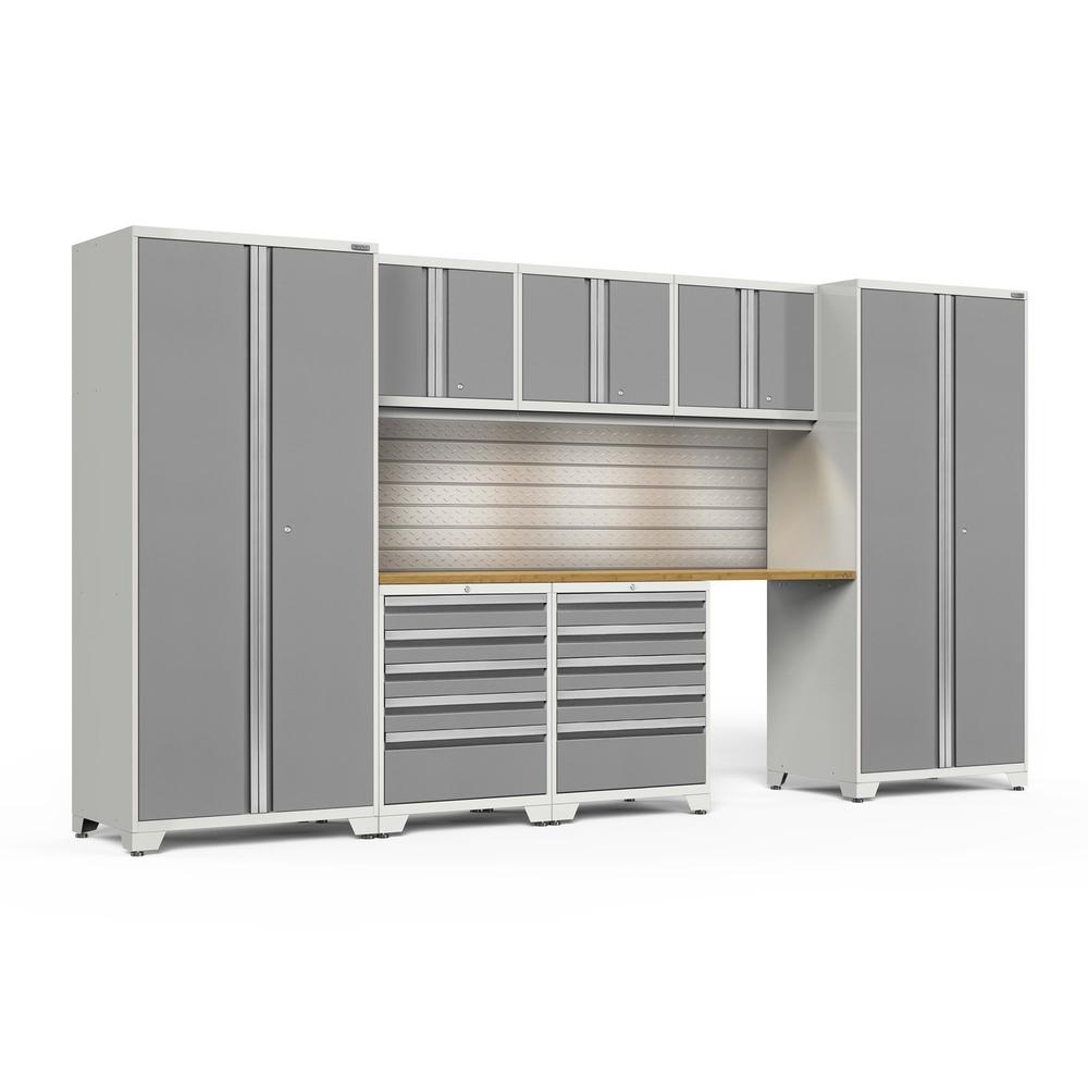 Newage Products Pro 3.0 Series 8-Piece Garage Cabinet Set With 2X 5-Drawer Tool Cabinets-58840-Platinum-Bamboo Worktop-LED Lights + Slatwall Backsplash-Garage Giant