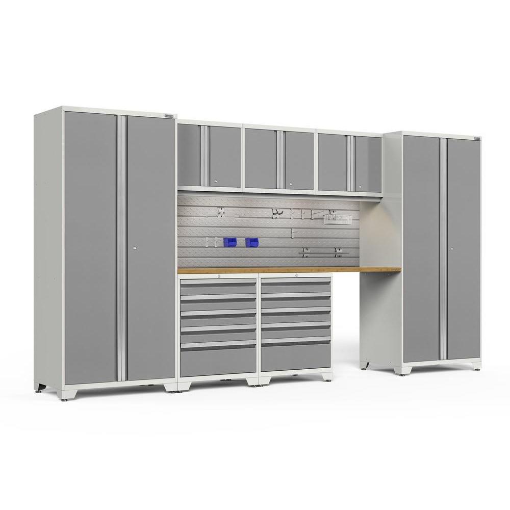 Newage Products Pro 3.0 Series 8-Piece Garage Cabinet Set With 2X 5-Drawer Tool Cabinets-54134-Platinum-Bamboo Worktop-LED Lights + Slatwall Backsplash + 12-Piece Hook Kit-Garage Giant