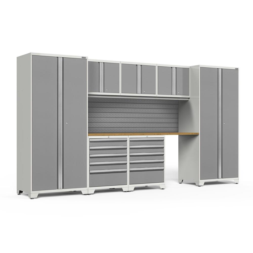 Newage Products Pro 3.0 Series 8-Piece Garage Cabinet Set With 2X 5-Drawer Tool Cabinets-58839-Platinum-Bamboo Worktop-Slatwall Backsplash-Garage Giant