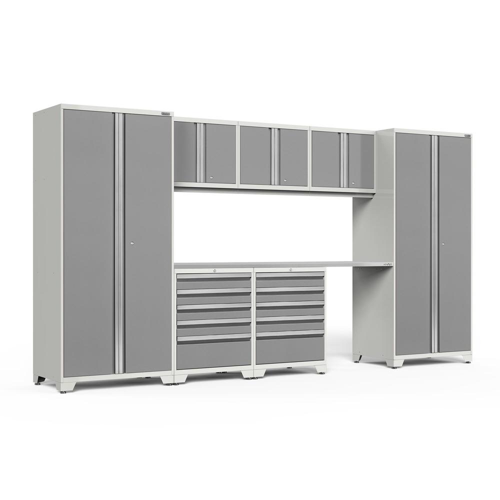 Newage Products Pro 3.0 Series 8-Piece Garage Cabinet Set With 2X 5-Drawer Tool Cabinets-52491-Platinum-Stainless Steel Worktop-None-Garage Giant