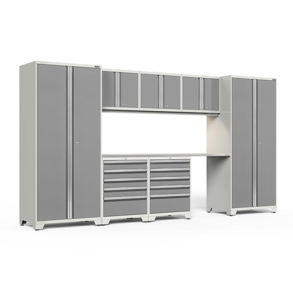 Newage Products Pro 3.0 Series 8-Piece Garage Cabinet Set With 2X 5-Drawer Tool Cabinets-51313-Platinum-Stainless Steel Worktop-LED Lights-Garage Giant