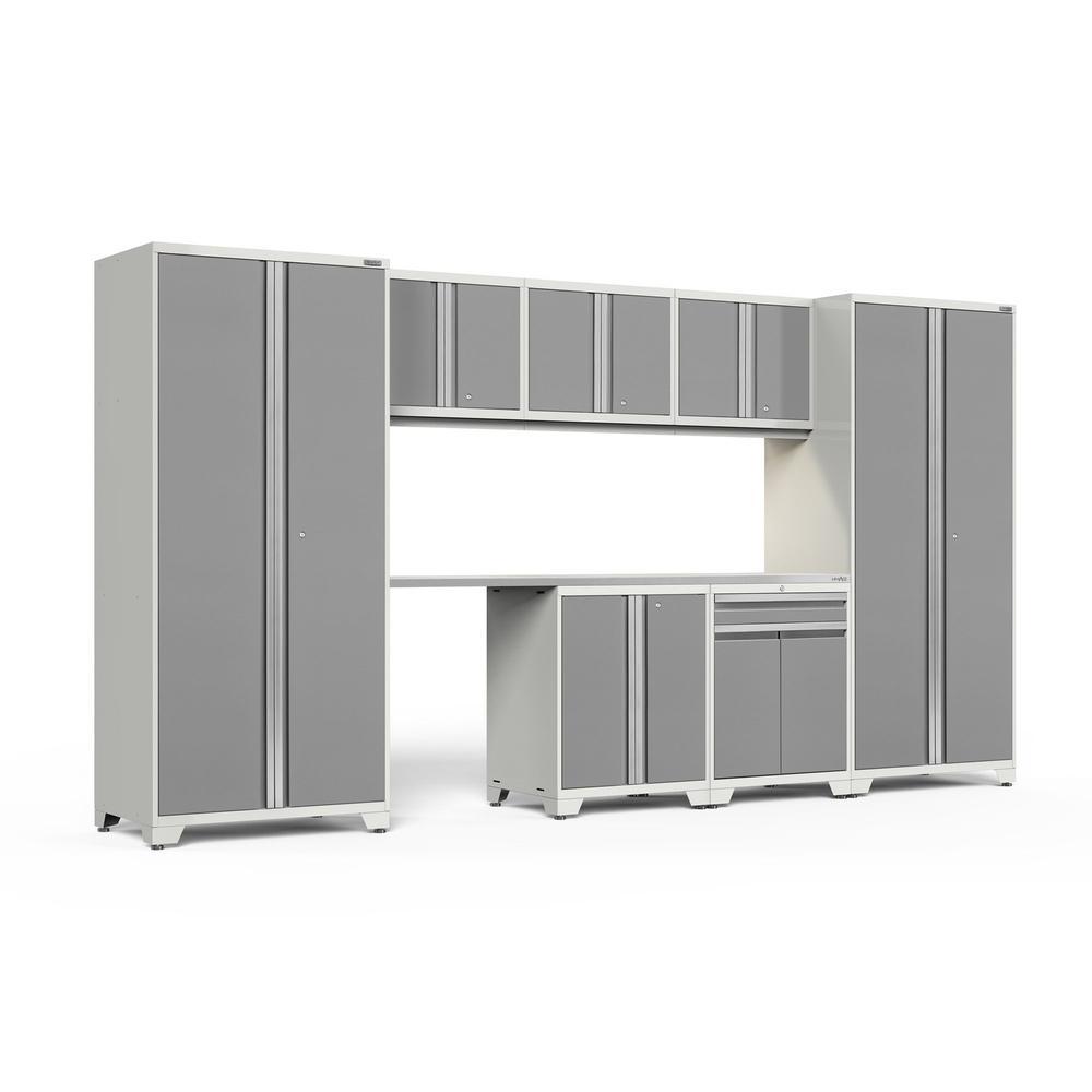 Newage Products Pro 3.0 Series 8-Piece Garage Cabinet Set With Multi-Function Cabinet-52449-Platinum-Stainless Steel Worktop-LED Lights-Garage Giant